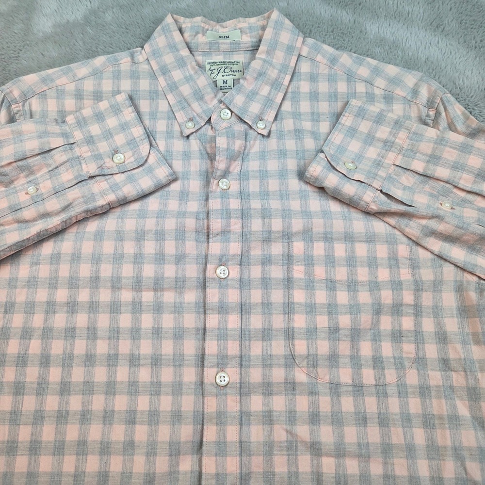 J. Crew Secret Wash Slim Fit Shirt Mens M Pink Grey Check Organic Cotton Stretch